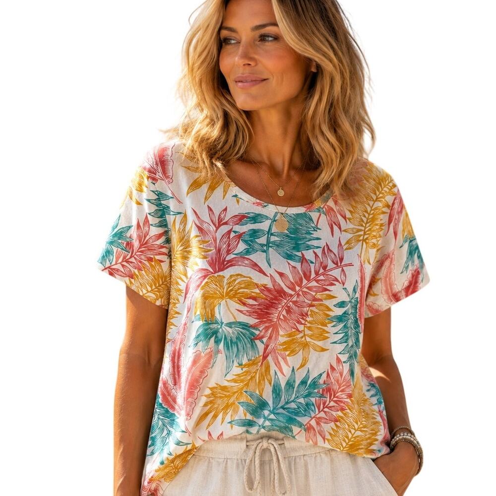 The Talbots Tee Womens Large White Multicolor Palm Print Knit Tropical Aloha Top